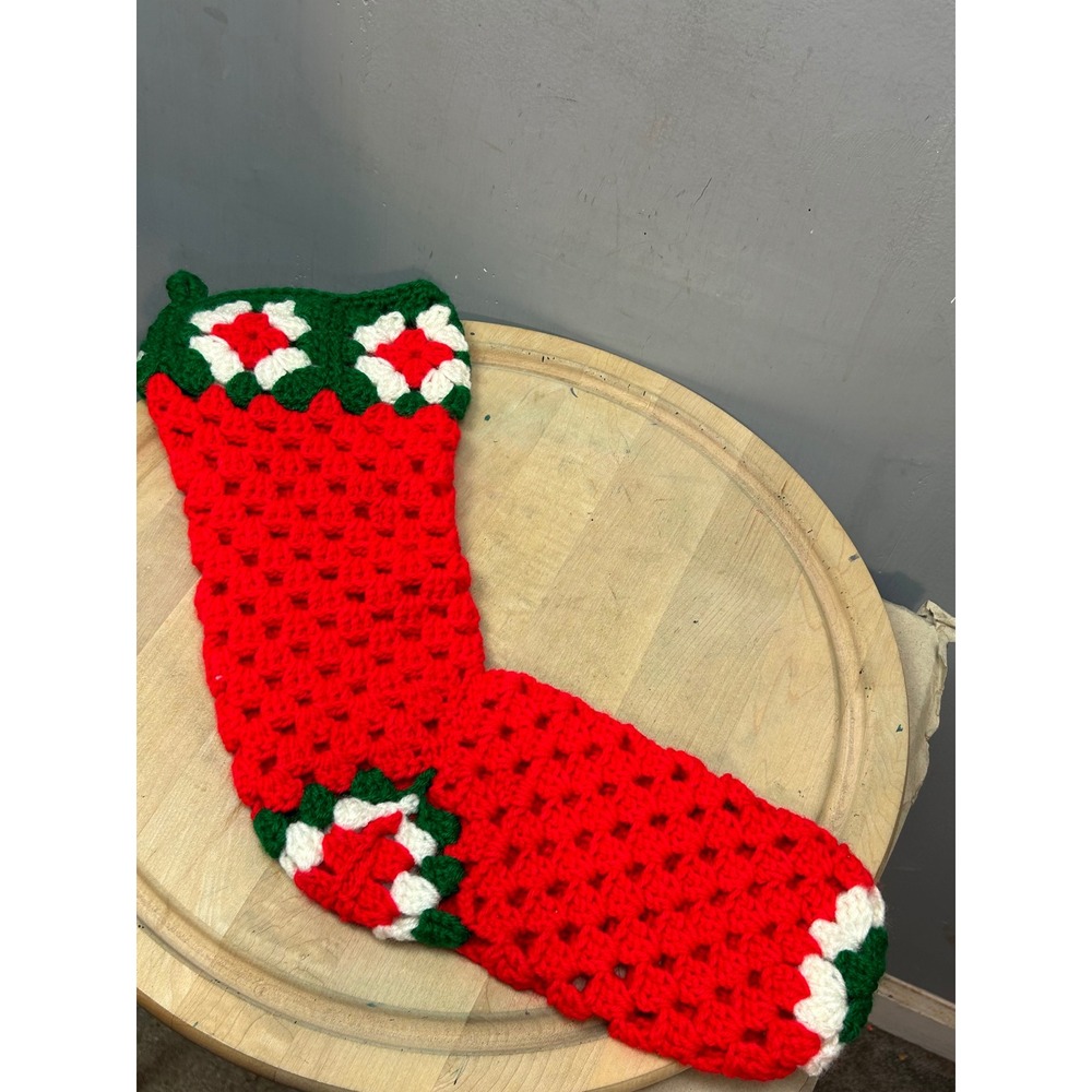 Handmade Crocheted Christmas Stocking Red Green White Granny Square‎ Holiday
